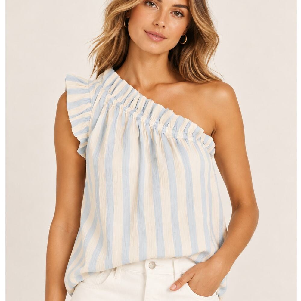 Mason’s Daughter One Shoulder Ruffle Striped Top Blue White Small NWT